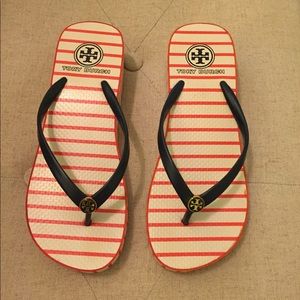 Tory Burch red and white striped wedge flip flops